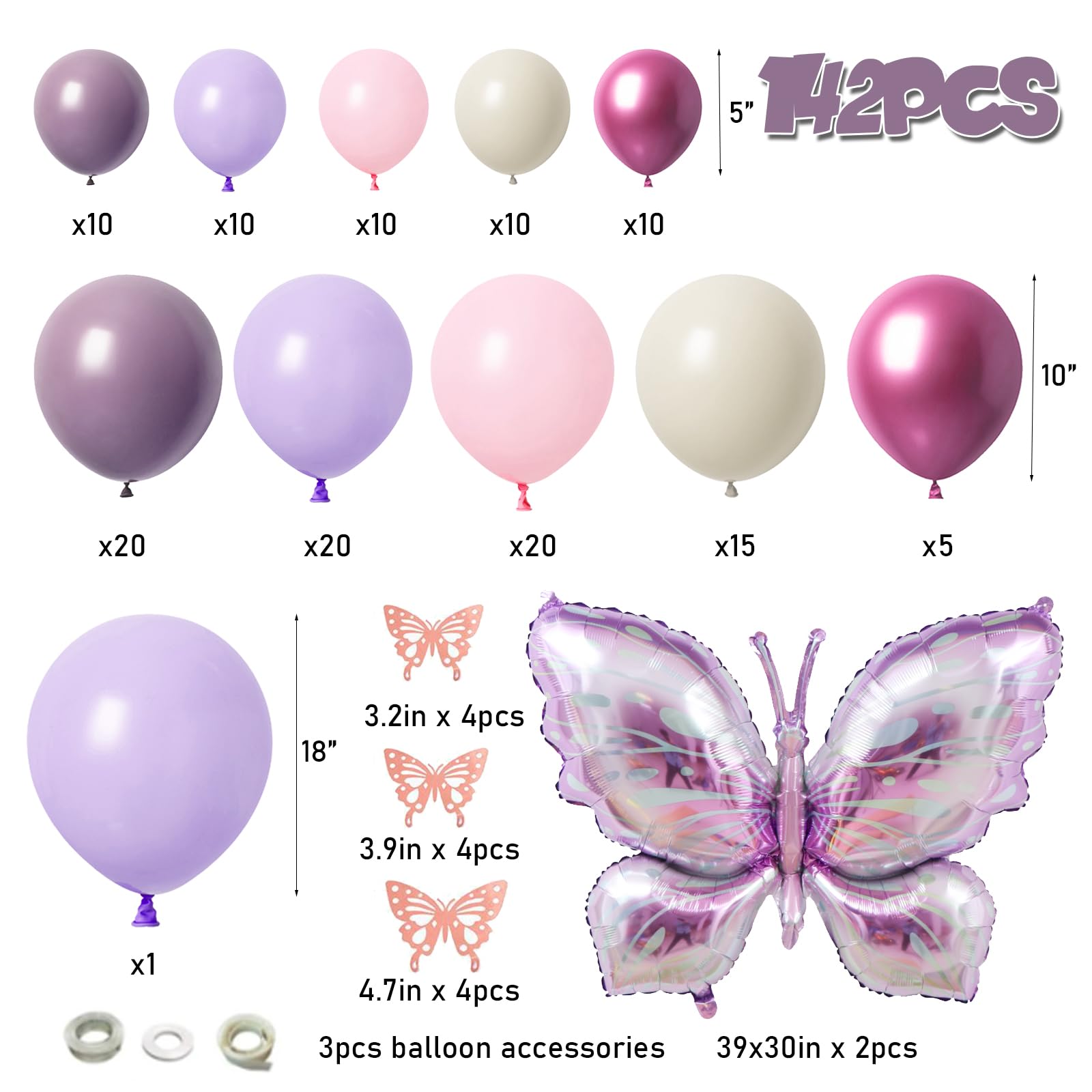 LULUMIKA 142pcs Butterfly Balloon Arch Kit - Pastel Pink & Purple with Foil Balloons and Stickers