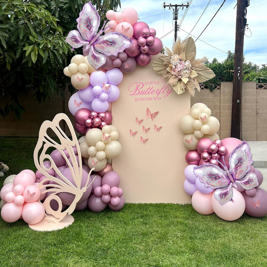 LULUMIKA 142pcs Butterfly Balloon Arch Kit - Pastel Pink & Purple with Foil Balloons and Stickers