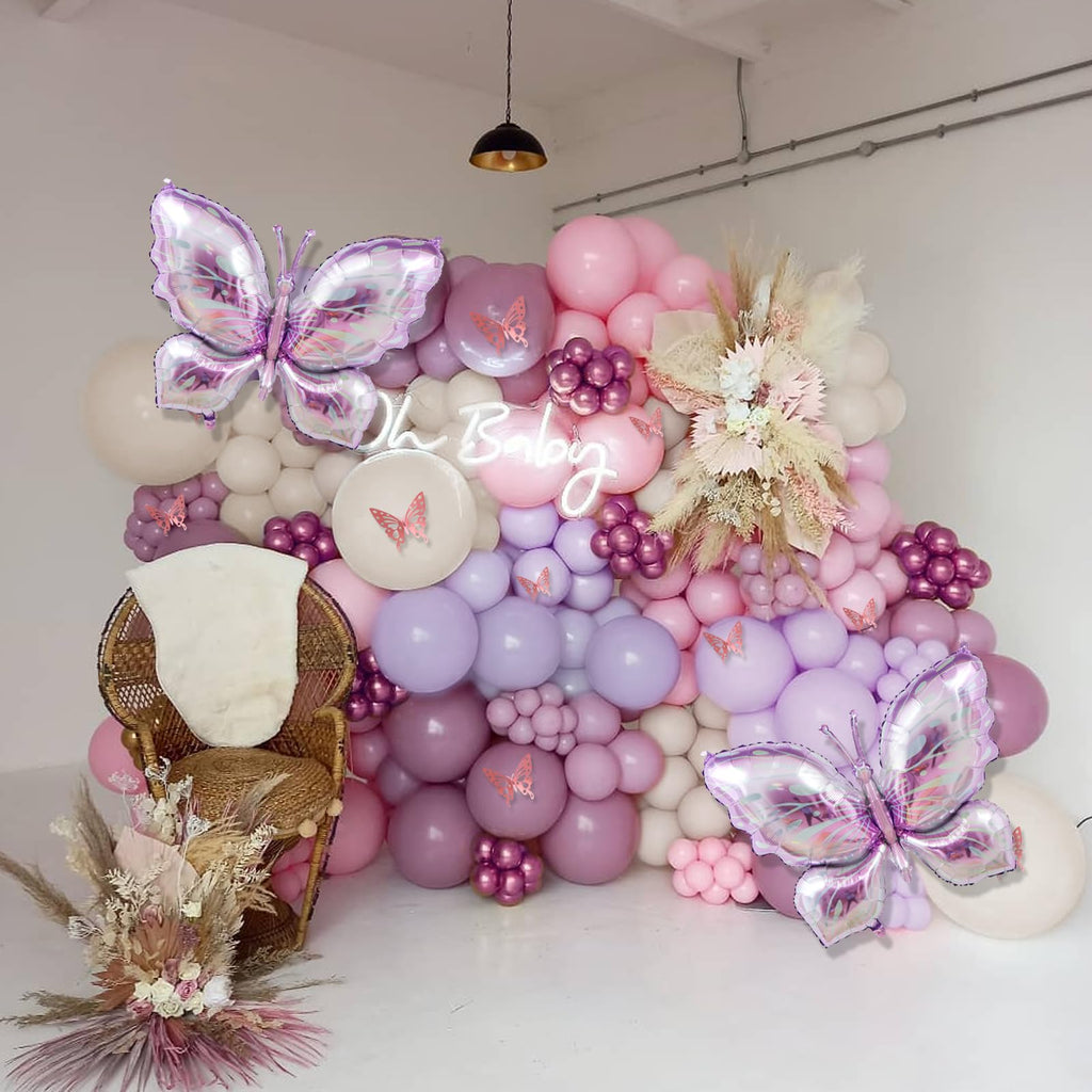 LULUMIKA 142pcs Butterfly Balloon Arch Kit - Pastel Pink & Purple with Foil Balloons and Stickers