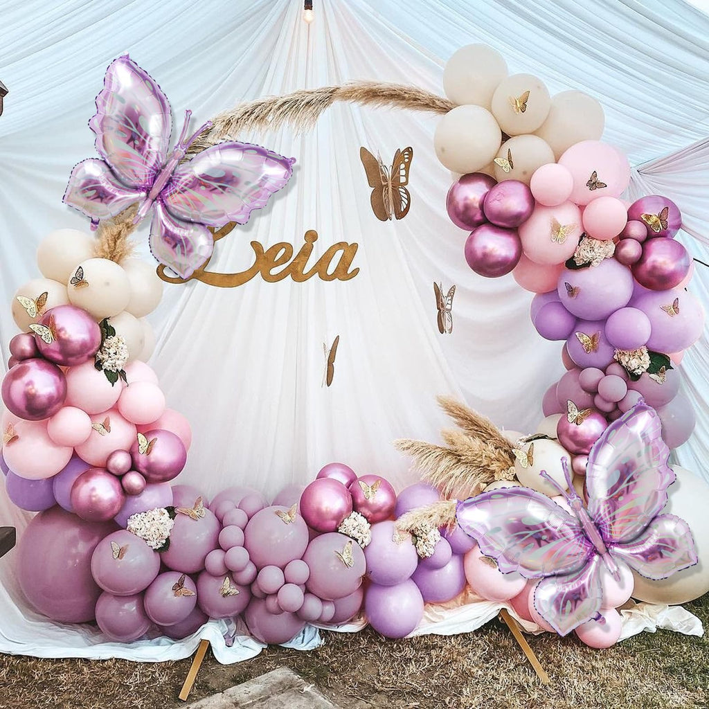 LULUMIKA 142pcs Butterfly Balloon Arch Kit - Pastel Pink & Purple with Foil Balloons and Stickers
