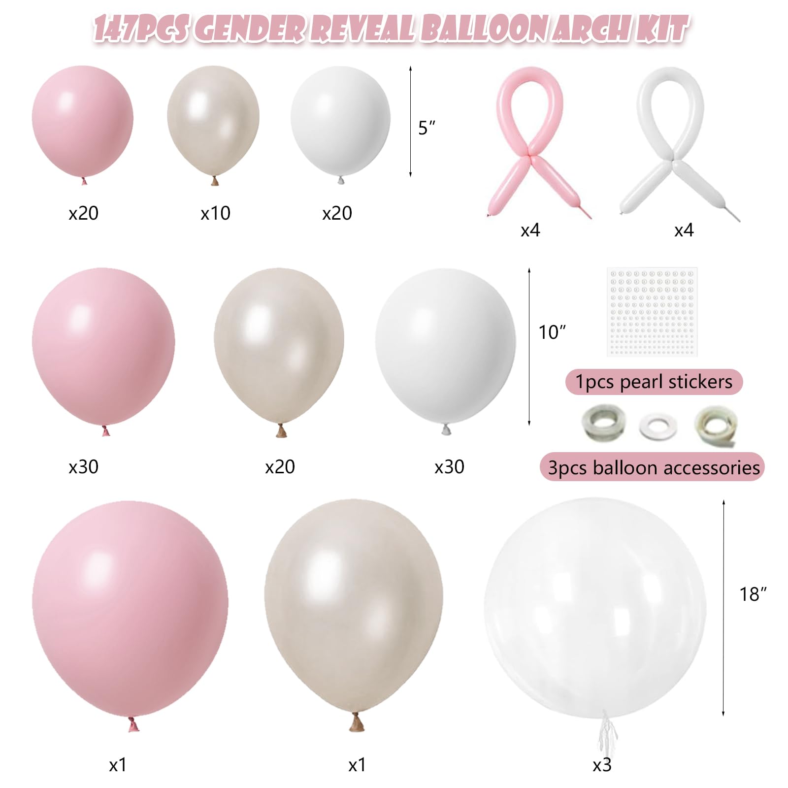 LULUMIKA Pink Bow Balloon Arch Kit 147 Pieces – Double Stuffed Pearl White Sand Balloons for Coquette Birthday Baby Shower Decor