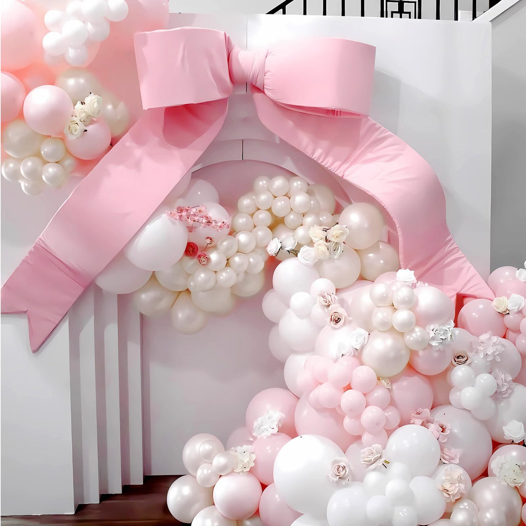LULUMIKA Pink Bow Balloon Arch Kit 147 Pieces – Double Stuffed Pearl White Sand Balloons for Coquette Birthday Baby Shower Decor