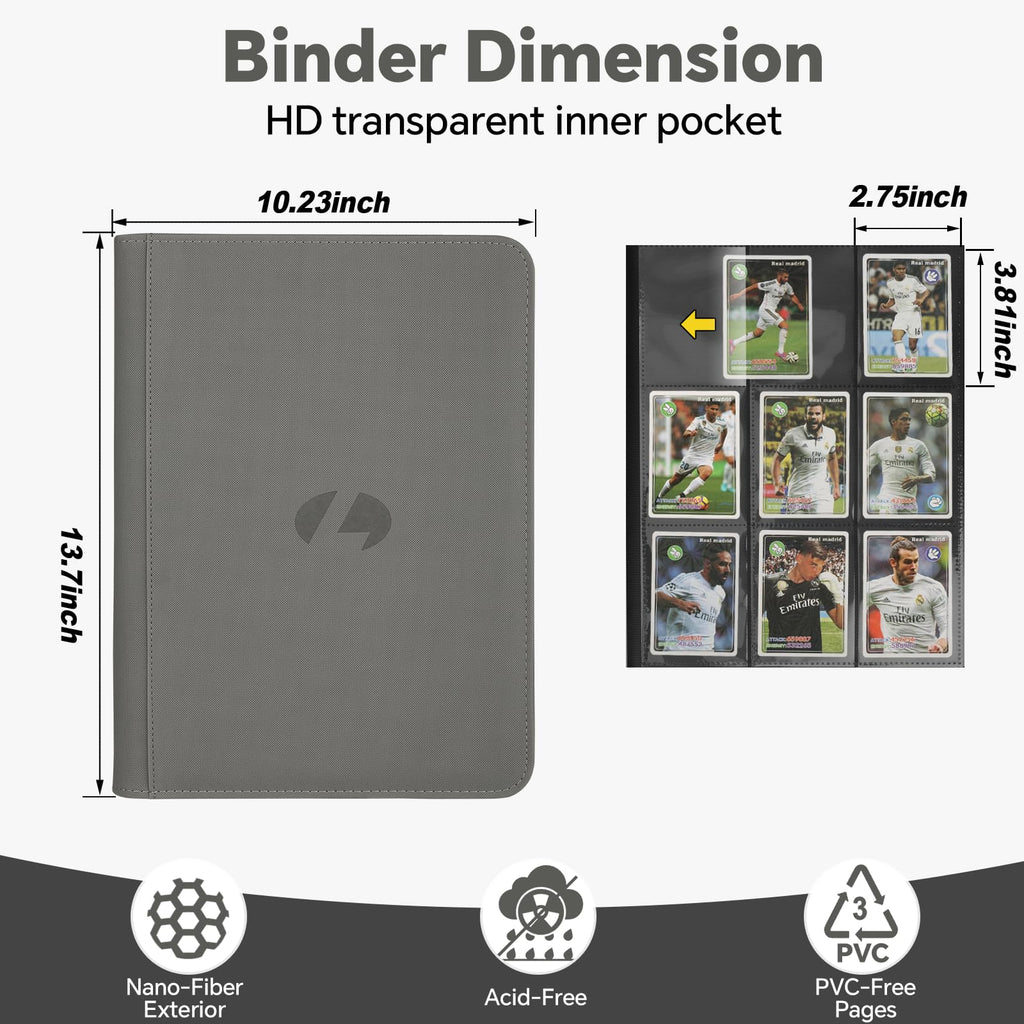 LUNNSHO Trading Card Binder, 540-Pocket Grey PU Album for MTG, TCG, Sports Cards