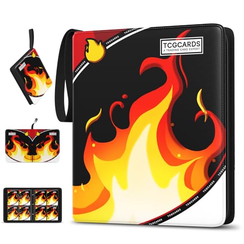 Luporia 4-Pocket Trading Card Binder – Holds 400 Cards, PU Leather, Removable Pages, Water-Resistant Zipper Closure (Fire)