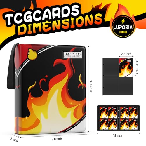 Luporia 4-Pocket Trading Card Binder – Holds 400 Cards, PU Leather, Removable Pages, Water-Resistant Zipper Closure (Fire)