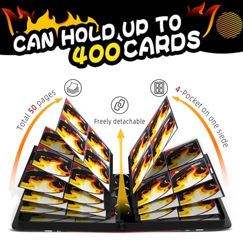 Luporia 4-Pocket Trading Card Binder – Holds 400 Cards, PU Leather, Removable Pages, Water-Resistant Zipper Closure (Fire)