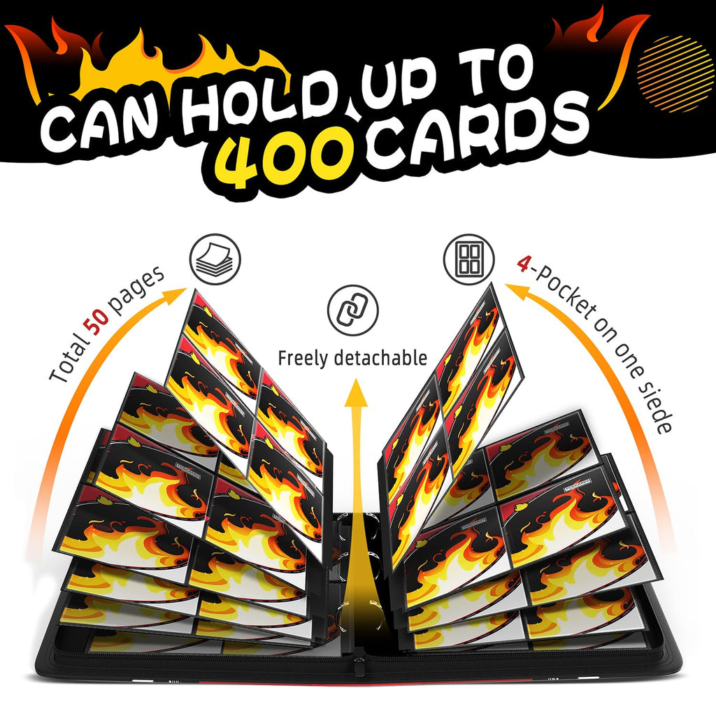 Luporia 4-Pocket Trading Card Binder – Holds 400 Cards, PU Leather, Removable Pages, Water-Resistant Zipper Closure (Fire)
