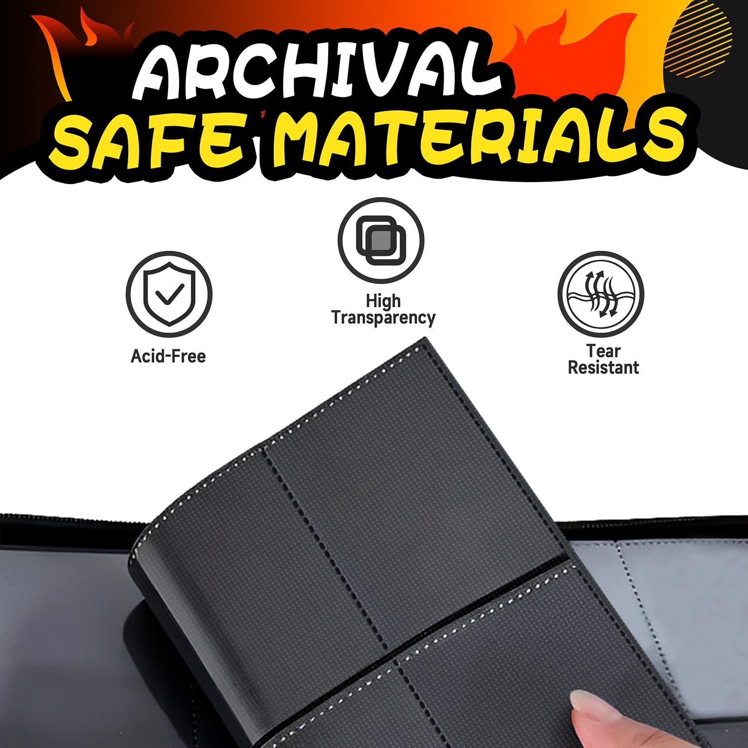 Luporia 4-Pocket Trading Card Binder – Holds 400 Cards, PU Leather, Removable Pages, Water-Resistant Zipper Closure (Fire)