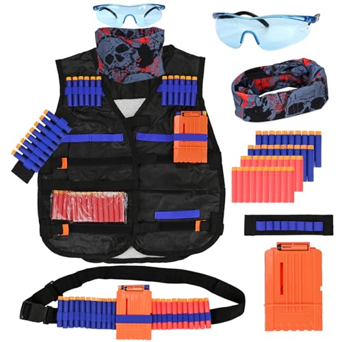 LUUFAN Kids Tactical Vest Kit for Nerf Guns – 40 Darts, Clips, Mask & Glasses