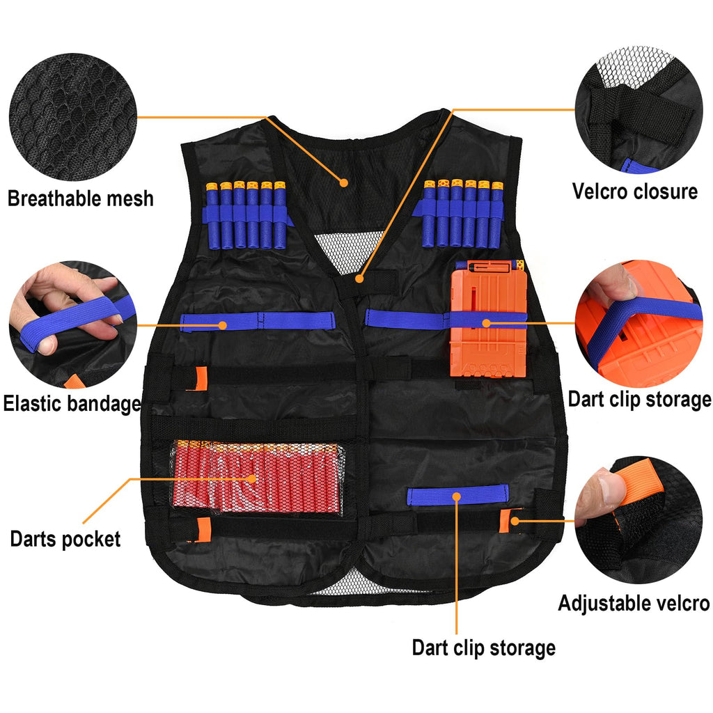 LUUFAN Kids Tactical Vest Kit for Nerf Guns – 40 Darts, Clips, Mask & Glasses