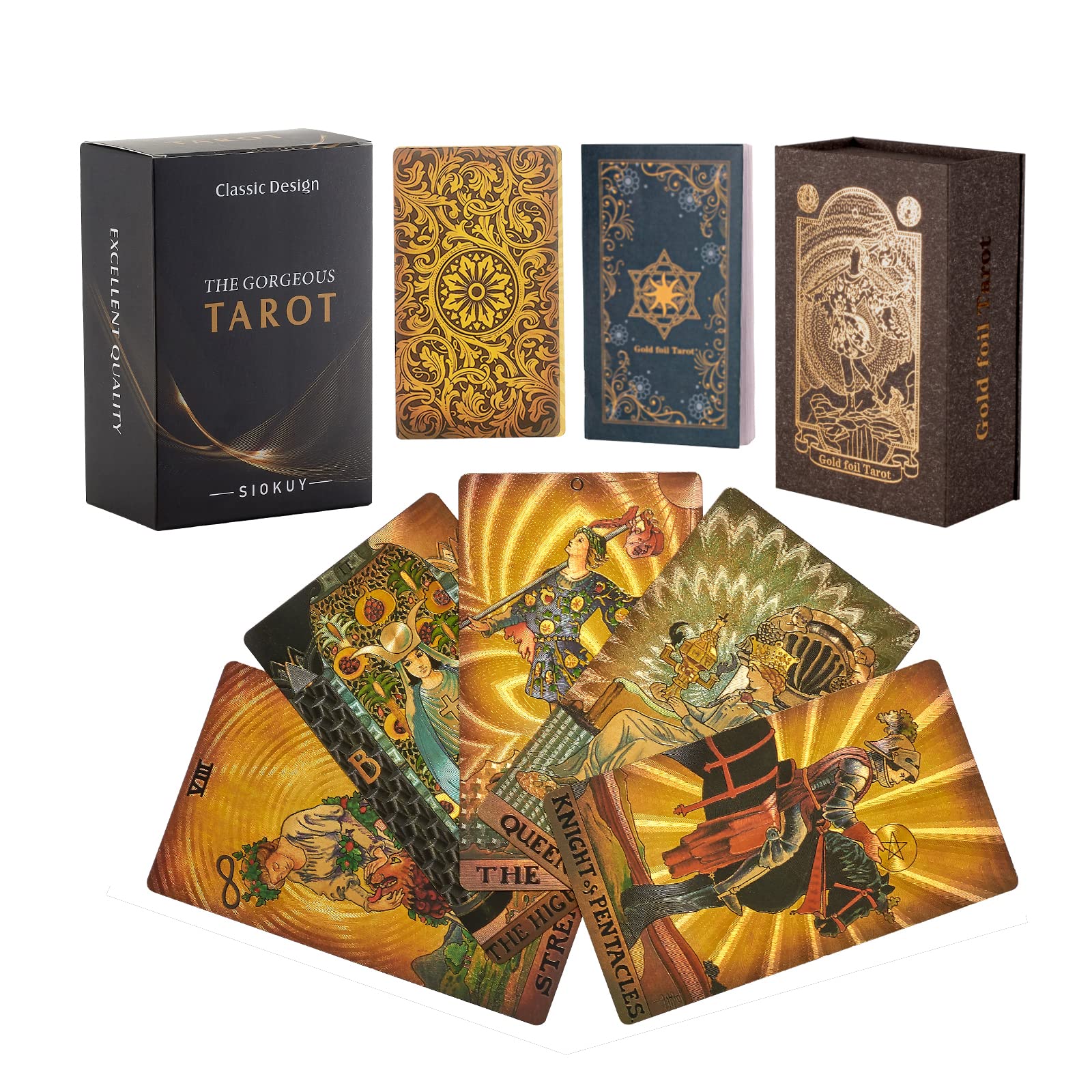 Luxury Gold Foil Tarot Deck – Rimless Borderless Design, Waterproof PVC, 78 Cards with Guidebook for Beginners