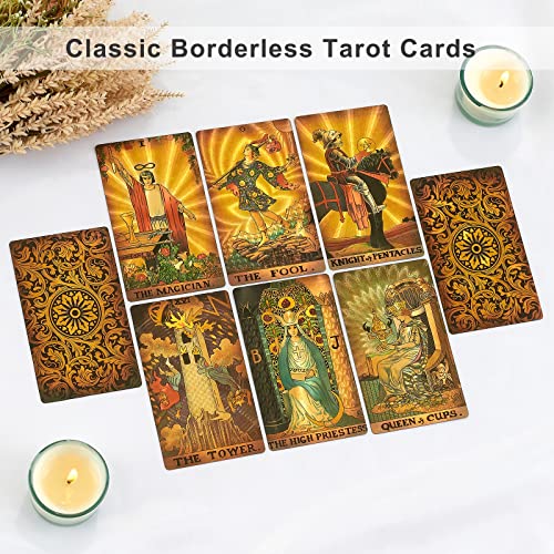 Luxury Gold Foil Tarot Deck – Rimless Borderless Design, Waterproof PVC, 78 Cards with Guidebook for Beginners
