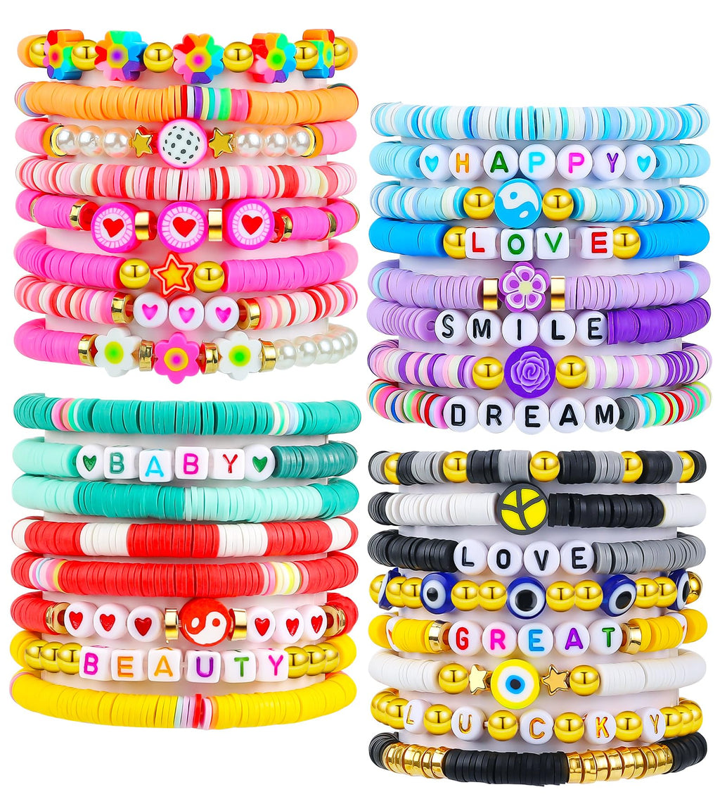 LUYI Preppy Clay Bead Bracelet Set – 32 Colorful Stackable Stretch Bracelets for Women