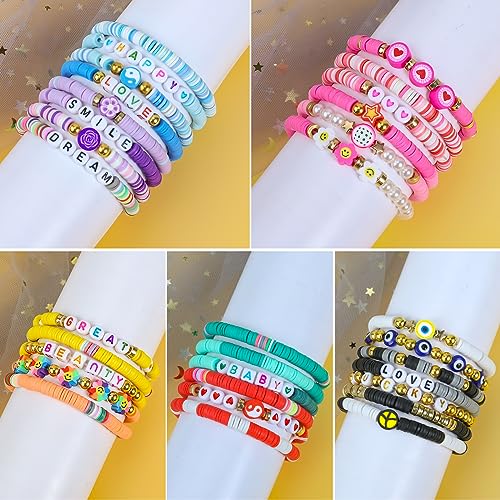 LUYI Preppy Clay Bead Bracelet Set – 32 Colorful Stackable Stretch Bracelets for Women