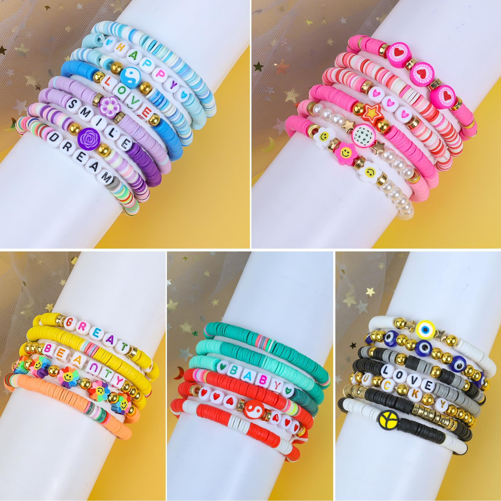 LUYI Preppy Clay Bead Bracelet Set – 32 Colorful Stackable Stretch Bracelets for Women