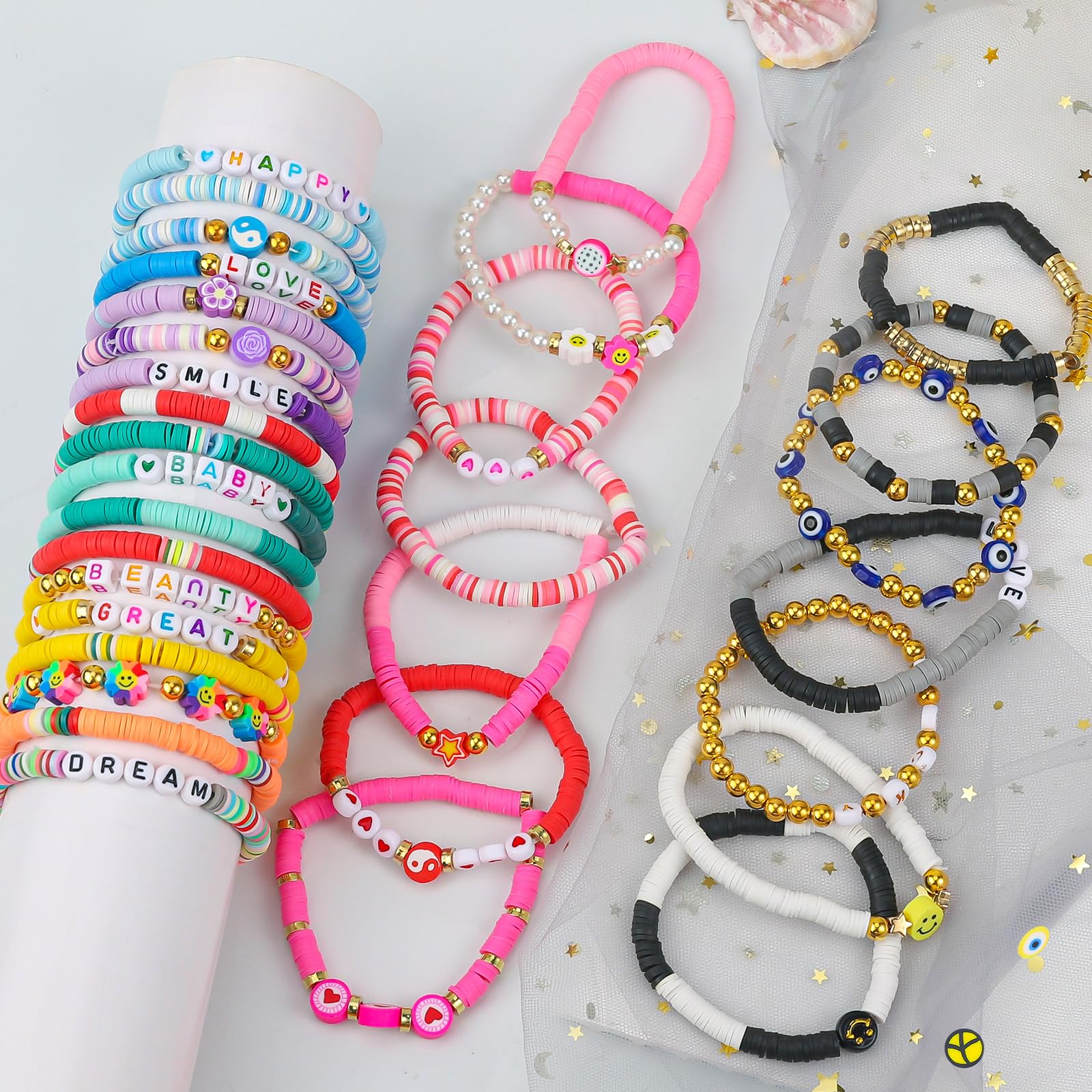 LUYI Preppy Clay Bead Bracelet Set – 32 Colorful Stackable Stretch Bracelets for Women
