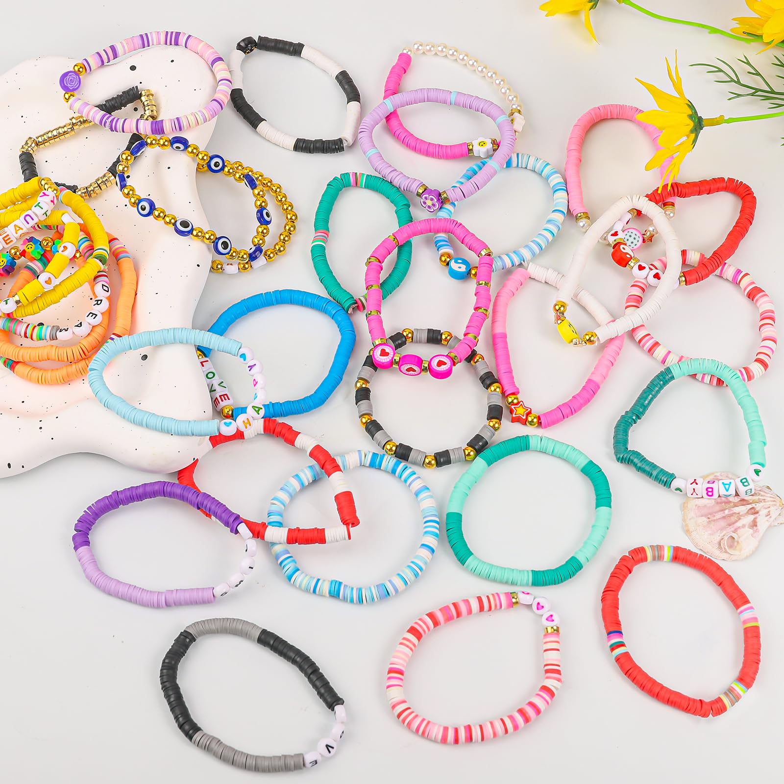 LUYI Preppy Clay Bead Bracelet Set – 32 Colorful Stackable Stretch Bracelets for Women