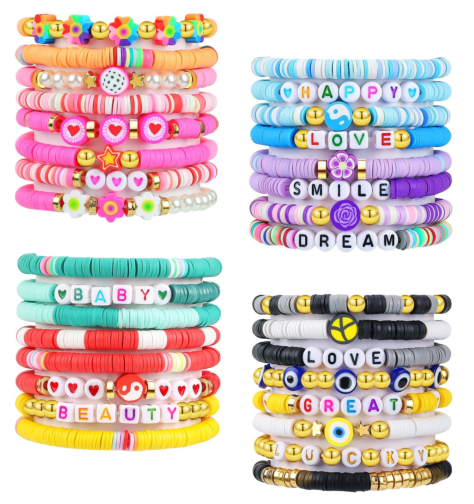 LUYI Preppy Clay Bead Bracelet Set – 32 Colorful Stackable Stretch Bracelets for Women