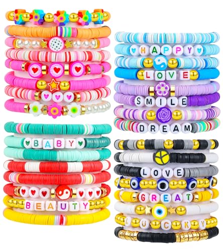 LUYI Preppy Clay Bead Bracelet Set – 32 Colorful Stackable Stretch Bracelets for Women