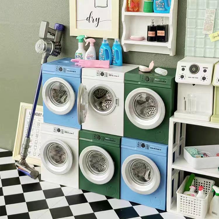 Lynkaye 1:12 Dollhouse Mini Washing Machine Model with Real Rotating Drum - White/Blue Options