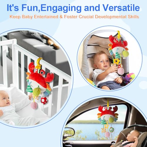 Lynncare Car Seat Toy: Hanging Stroller Clip Toy with Drawstrings, Rattle, Bell, Mirror, and Teether for Infants