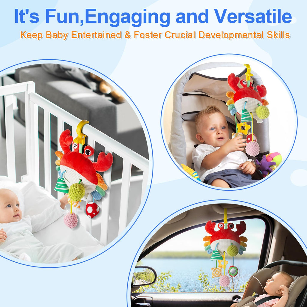 Lynncare Car Seat Toy: Hanging Stroller Clip Toy with Drawstrings, Rattle, Bell, Mirror, and Teether for Infants