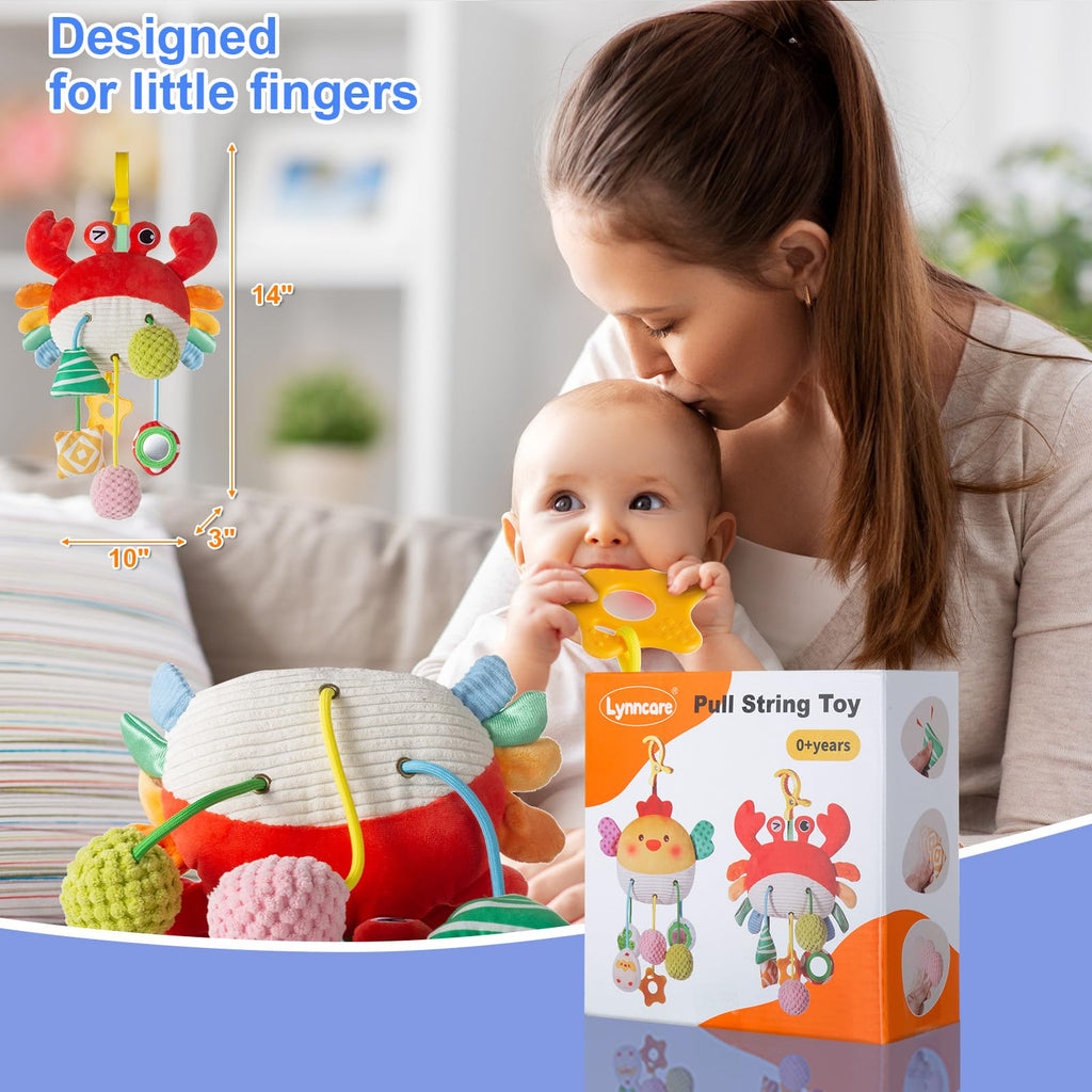 Lynncare Car Seat Toy: Hanging Stroller Clip Toy with Drawstrings, Rattle, Bell, Mirror, and Teether for Infants