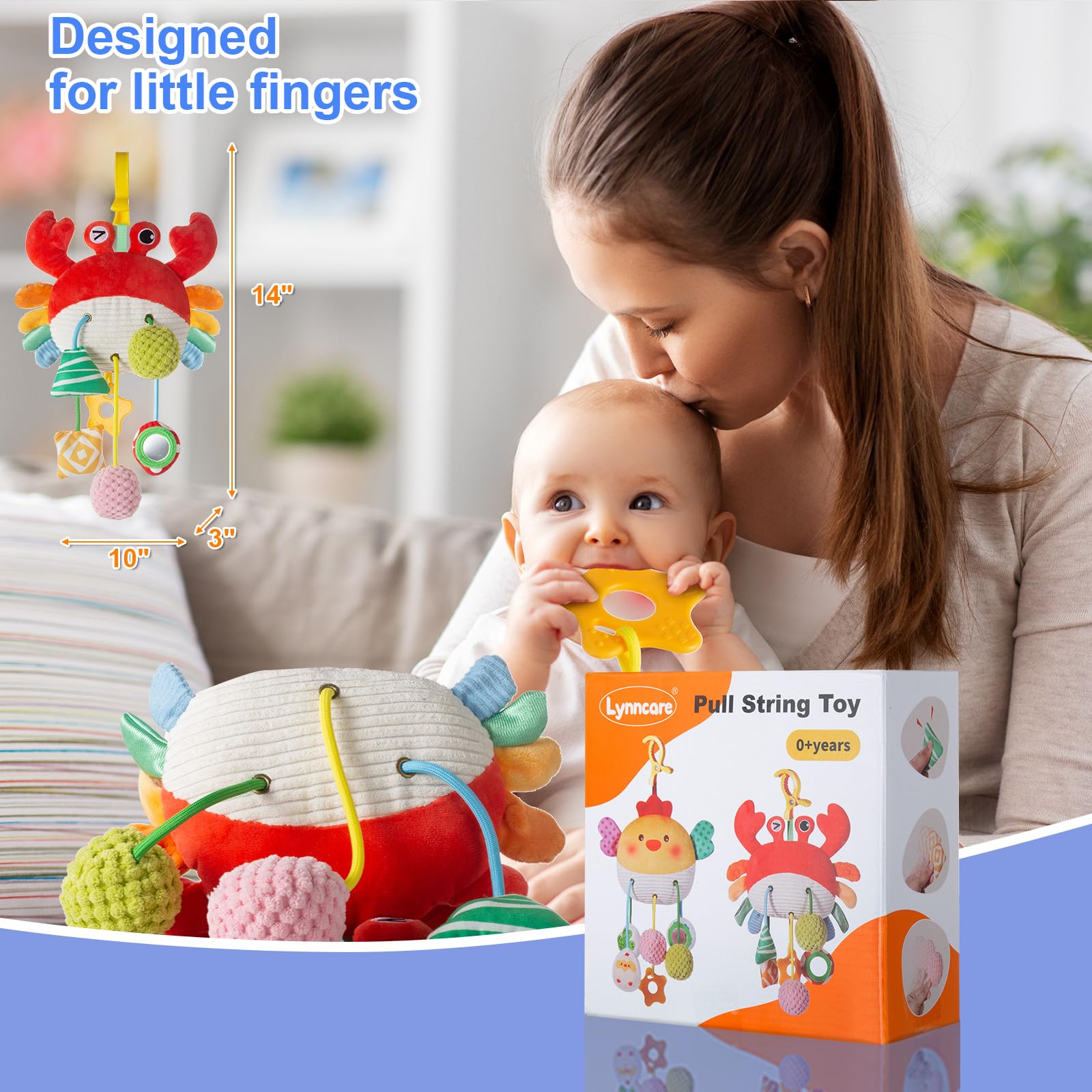 Lynncare Car Seat Toy: Hanging Stroller Clip Toy with Drawstrings, Rattle, Bell, Mirror, and Teether for Infants