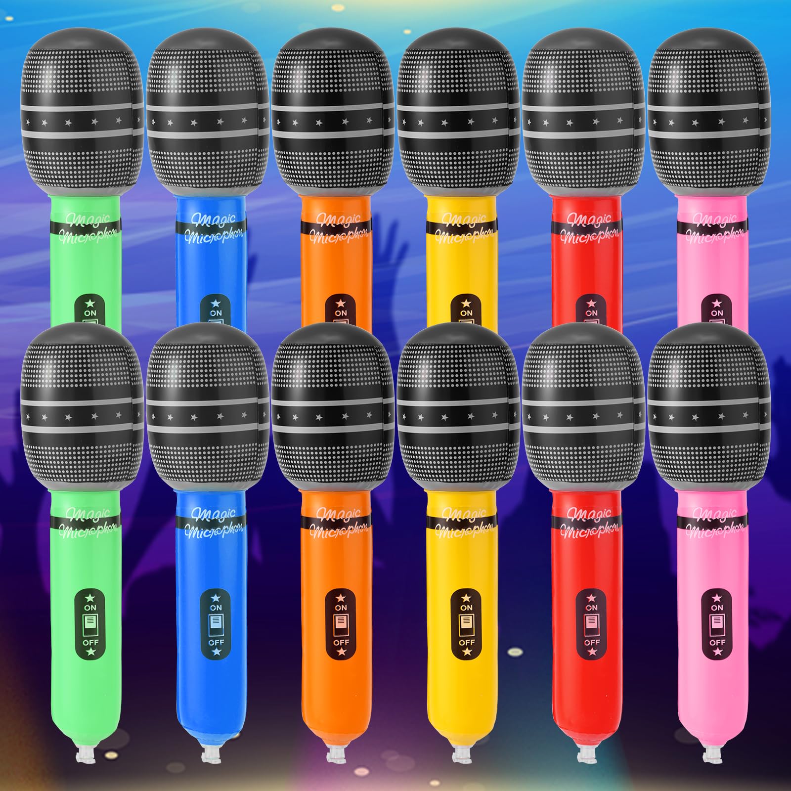 Lyreh 12-Pack Inflatable Microphone Party Favors - 6 Colors, 8.66x1.97in Blow Up Fake Microphone Props for Karaoke, Concert, DJ-Themed Parties, Photo Booth Decorations