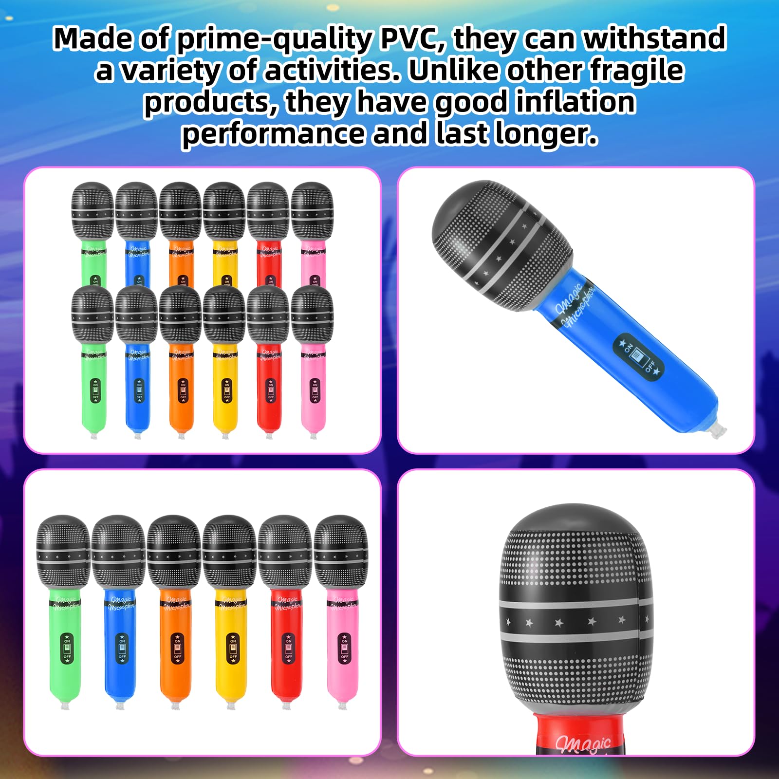 Lyreh 12-Pack Inflatable Microphone Party Favors - 6 Colors, 8.66x1.97in Blow Up Fake Microphone Props for Karaoke, Concert, DJ-Themed Parties, Photo Booth Decorations
