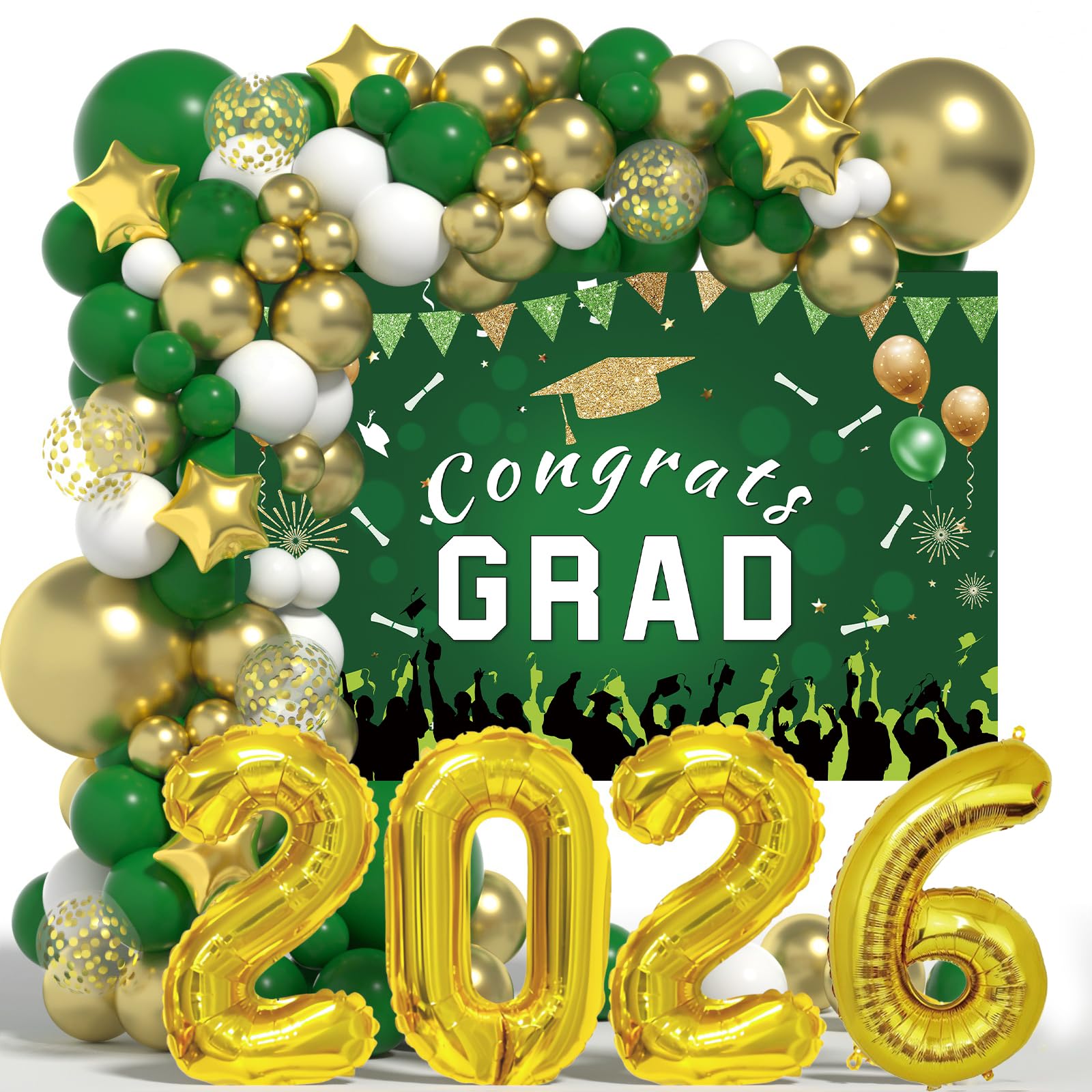 LYVEEF 136PCS Green and Gold Graduation Decorations 2026 - Balloon Arch Kit with Congrats Grad Backdrop for High School & College Party Supplies