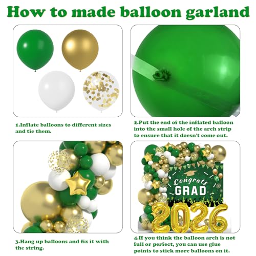 LYVEEF 136PCS Green and Gold Graduation Decorations 2026 - Balloon Arch Kit with Congrats Grad Backdrop for High School & College Party Supplies