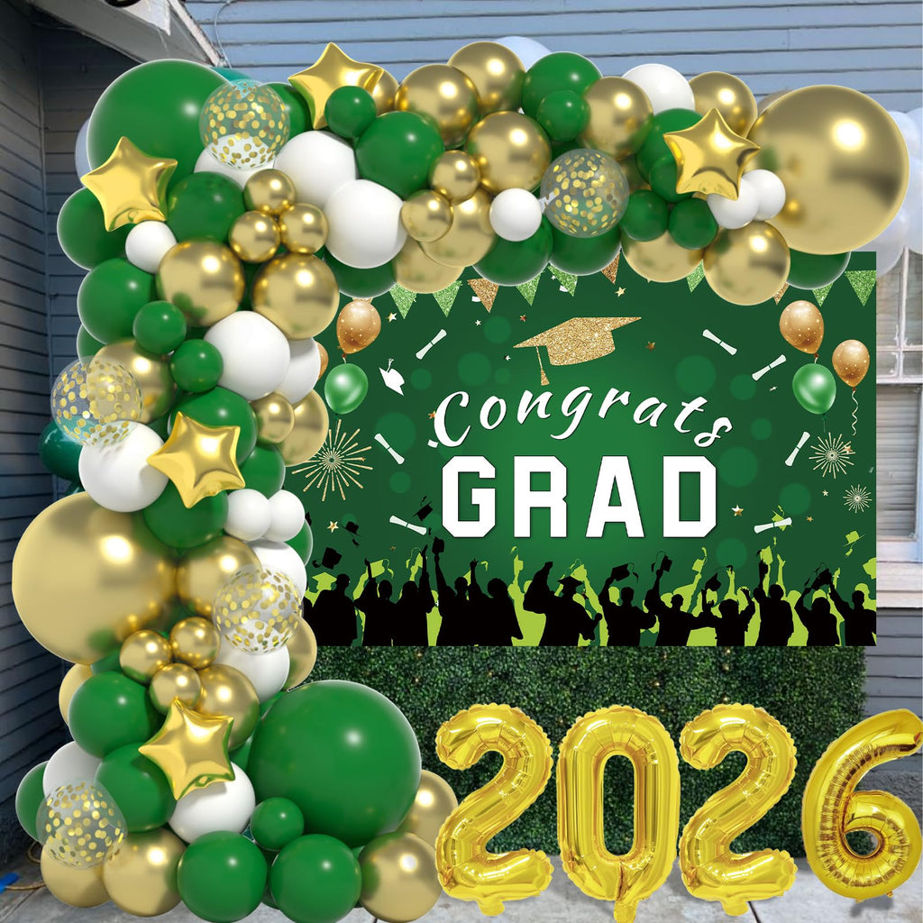 LYVEEF 136PCS Green and Gold Graduation Decorations 2026 - Balloon Arch Kit with Congrats Grad Backdrop for High School & College Party Supplies