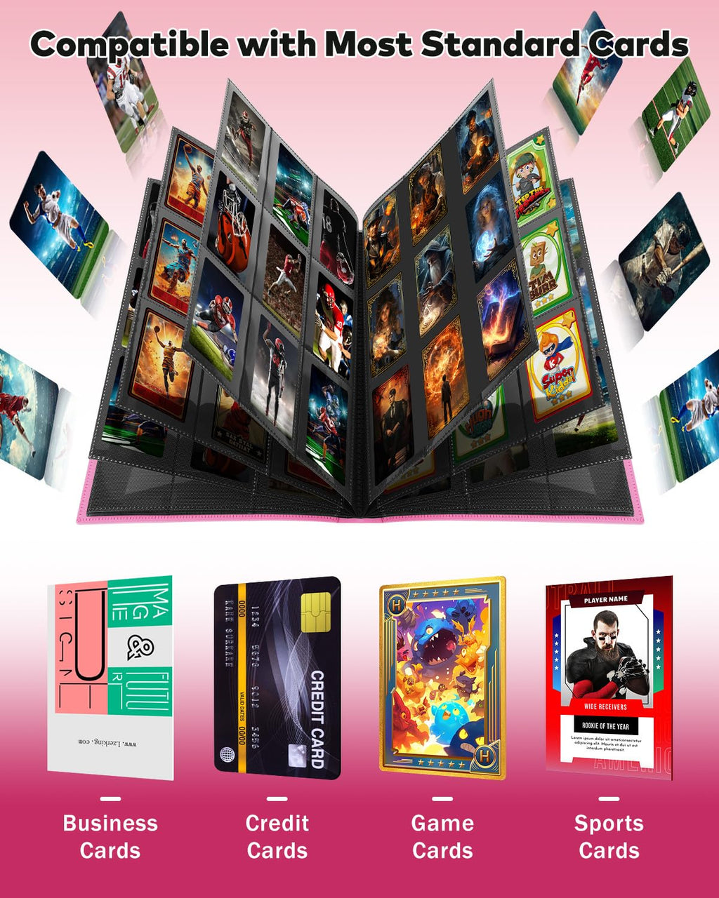 Lzerking Pink Card Binder 2-Pack – 720-Capacity 9-Pocket Side-Loading Album for Sports Cards and K-Pop Photocards
