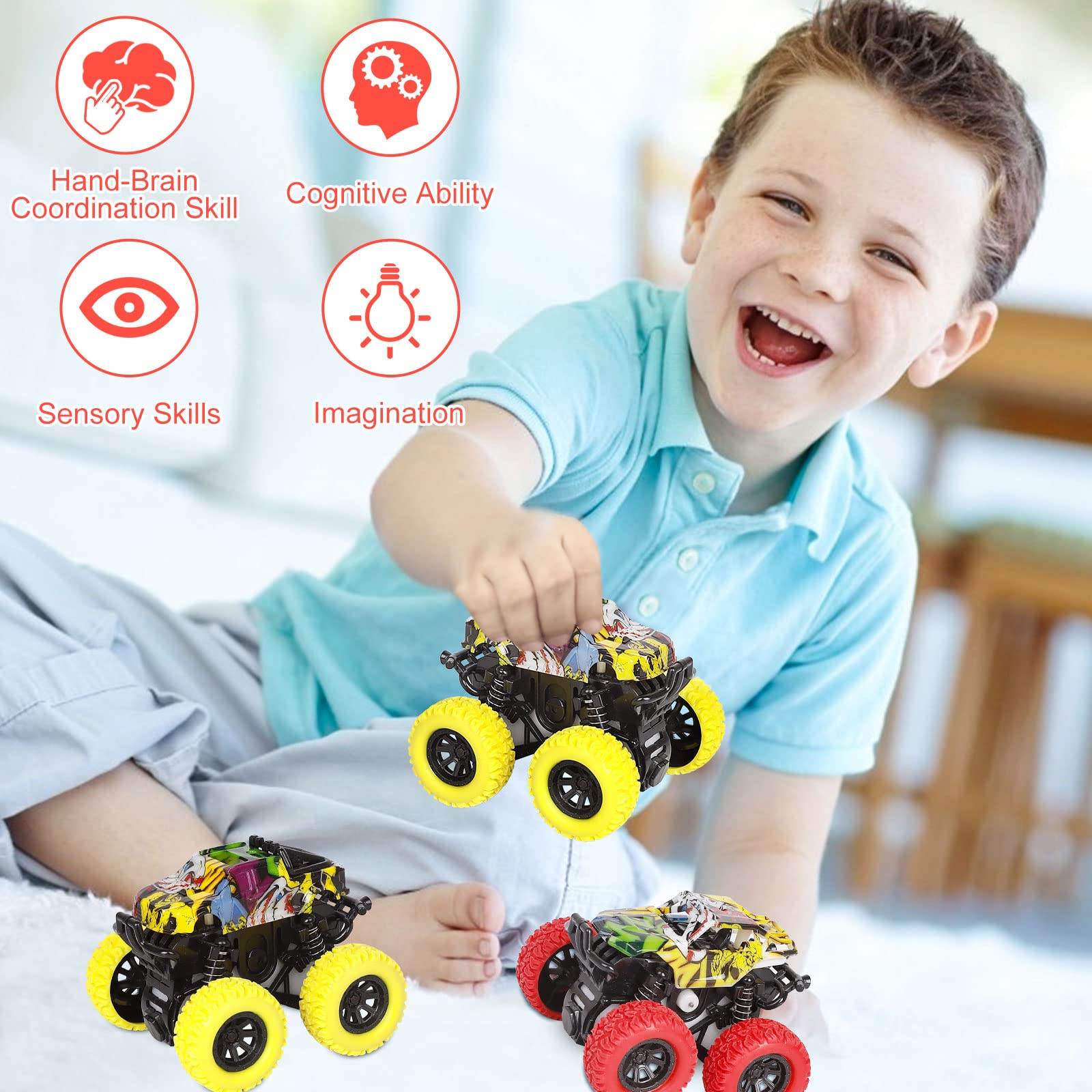 M SANMERSEN 2-Pack Monster Truck Toys – 360° Rotating Stunt Cars, Friction Powered, No Batteries Needed for Kids Ages 3-6
