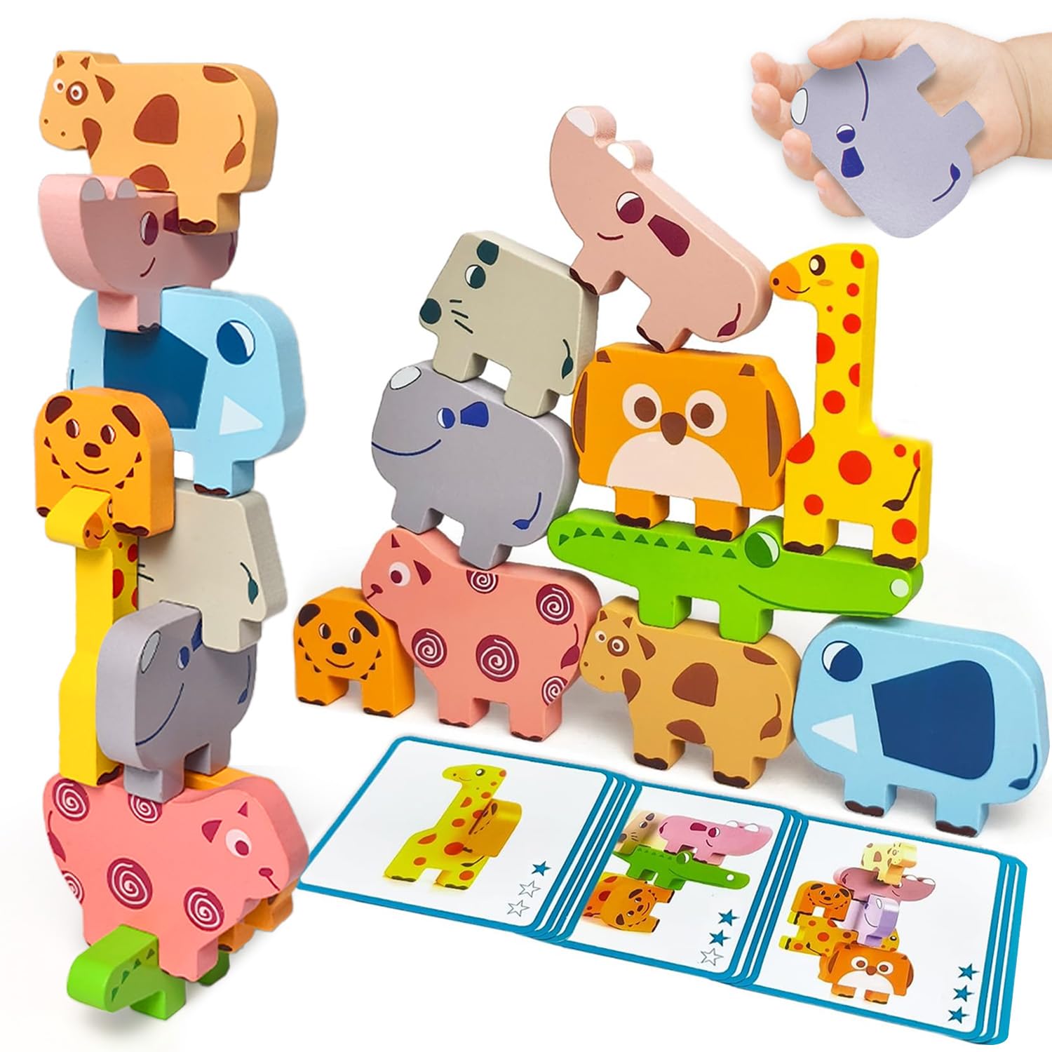 Maaacute Wooden Animal Stacking Blocks - Montessori Sorting Toy for 1-3 Year Olds, 10 Pieces with Challenge Cards