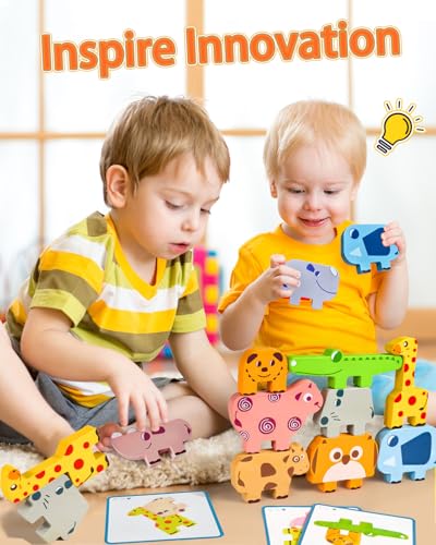 Maaacute Wooden Animal Stacking Blocks - Montessori Sorting Toy for 1-3 Year Olds, 10 Pieces with Challenge Cards
