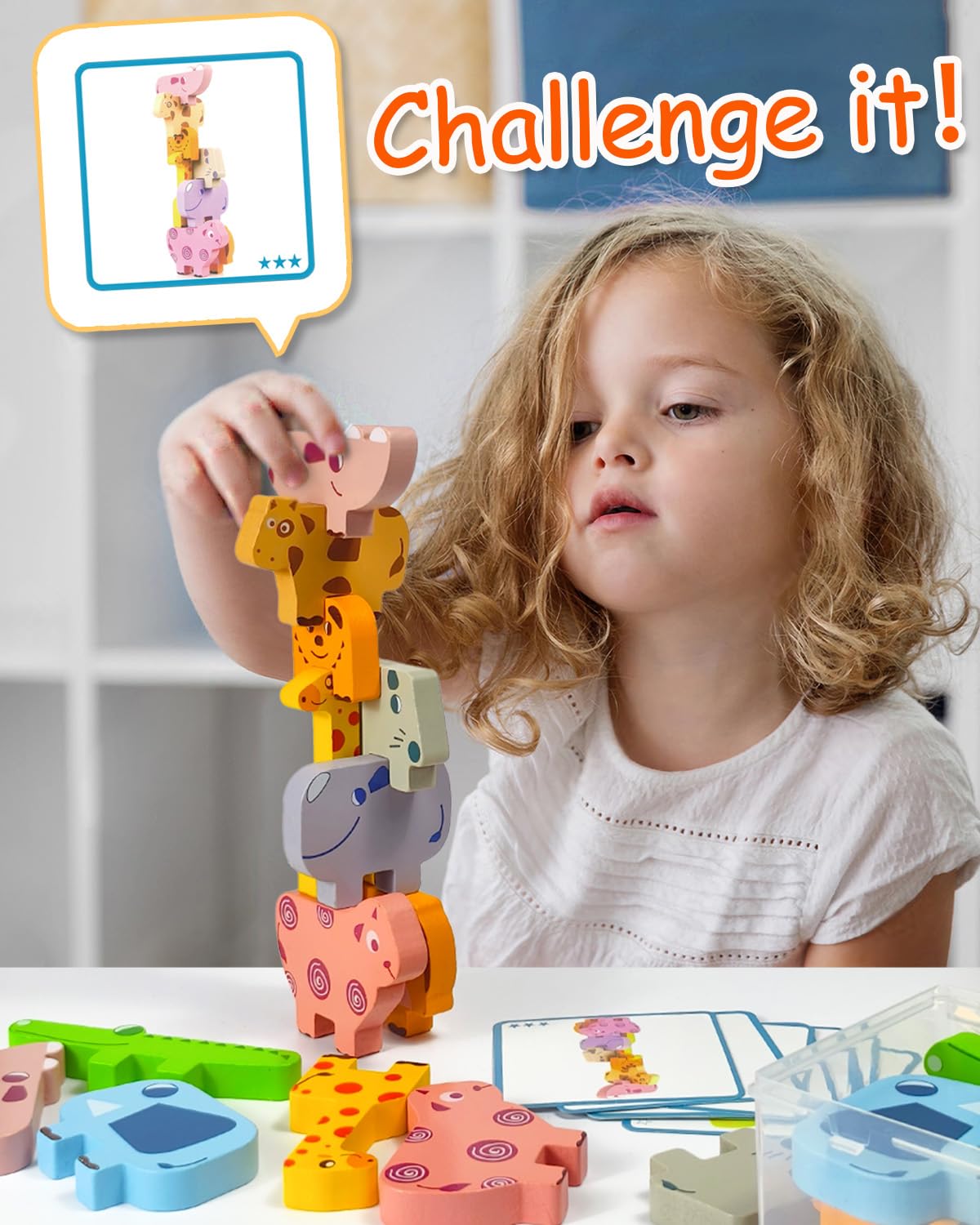 Maaacute Wooden Animal Stacking Blocks - Montessori Sorting Toy for 1-3 Year Olds, 10 Pieces with Challenge Cards
