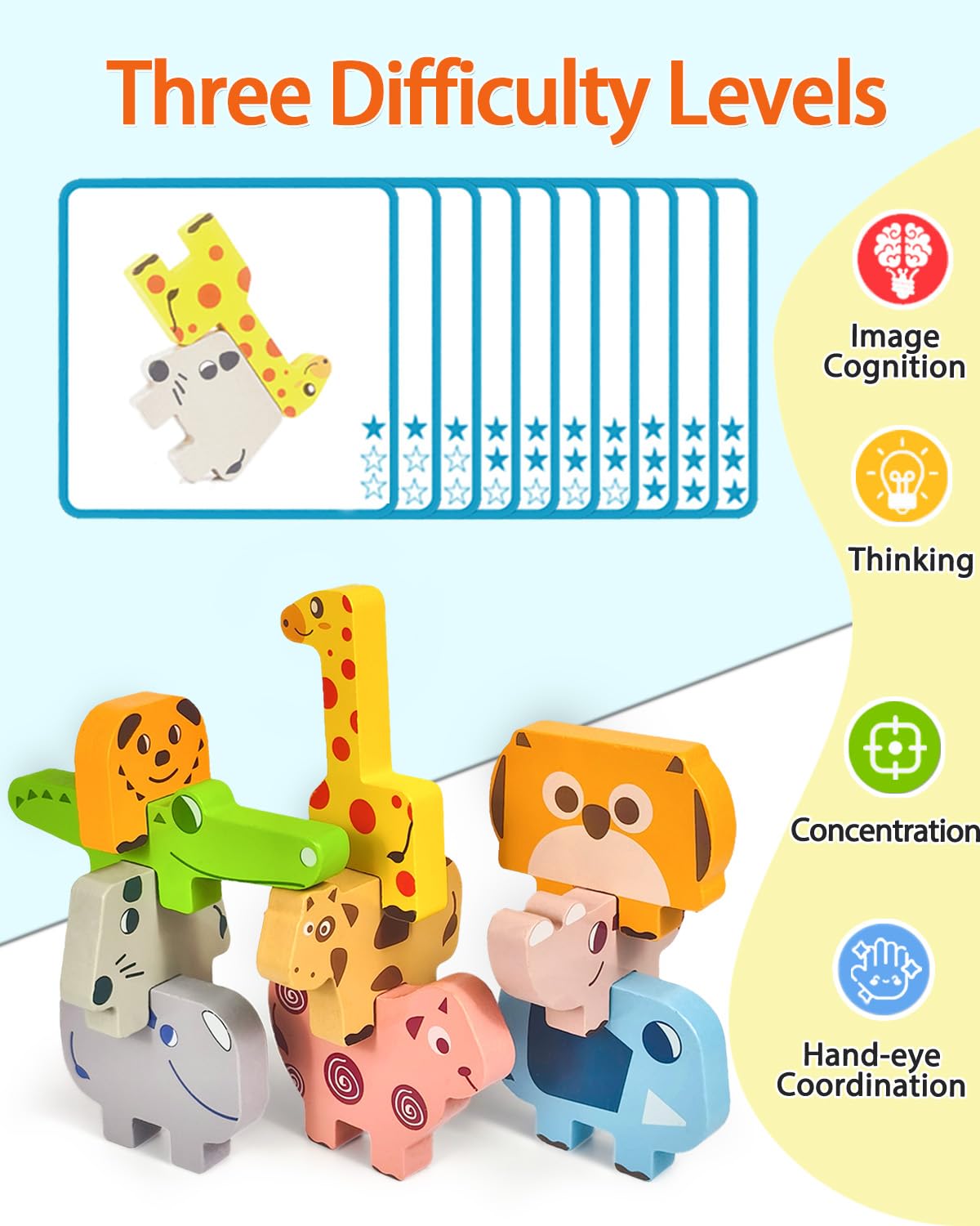 Maaacute Wooden Animal Stacking Blocks - Montessori Sorting Toy for 1-3 Year Olds, 10 Pieces with Challenge Cards