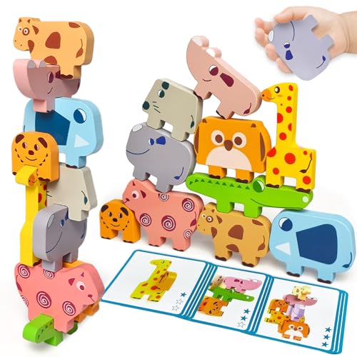 Maaacute Wooden Animal Stacking Blocks - Montessori Sorting Toy for 1-3 Year Olds, 10 Pieces with Challenge Cards