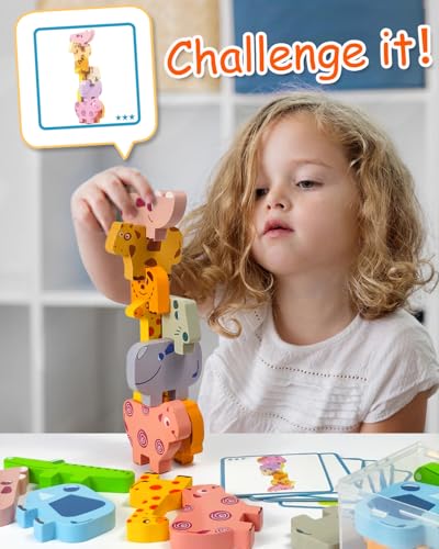 Maaacute Wooden Animal Stacking Blocks - Montessori Sorting Toy for 1-3 Year Olds, 10 Pieces with Challenge Cards