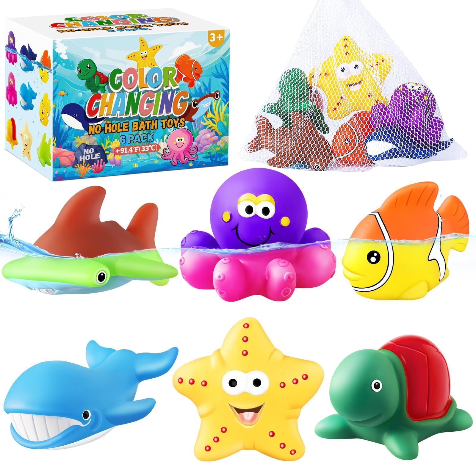 MACALOCA Color Changing No Hole Bath Toys - 6 Sea Animals with Drying Bag