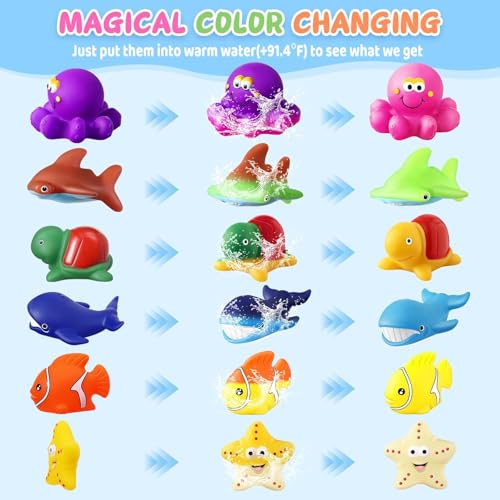 MACALOCA Color Changing No Hole Bath Toys - 6 Sea Animals with Drying Bag
