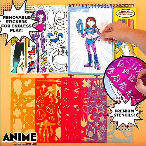 Made By Me Anime Artist Pad – 28-Page Manga Coloring Book with Colored Pencils, Stickers & Stencils