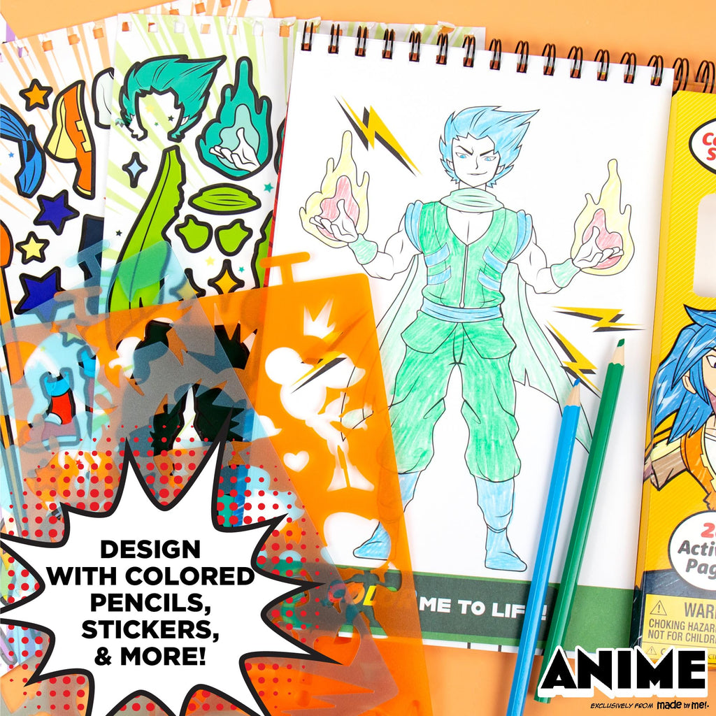 Made By Me Anime Artist Pad – 28-Page Manga Coloring Book with Colored Pencils, Stickers & Stencils