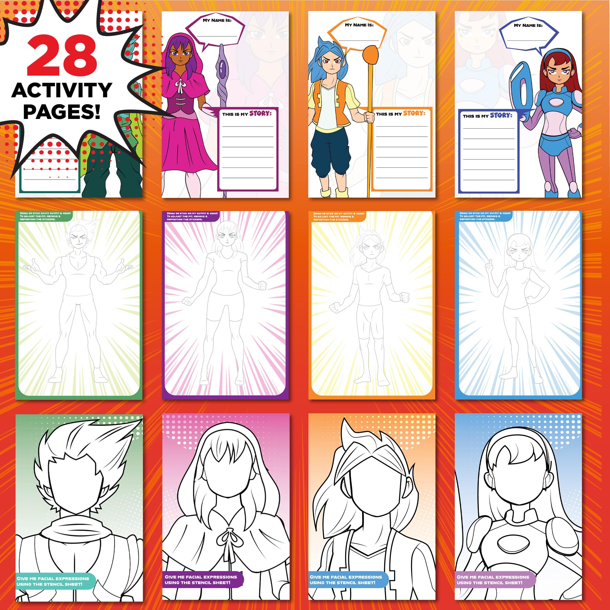 Made By Me Anime Artist Pad – 28-Page Manga Coloring Book with Colored Pencils, Stickers & Stencils