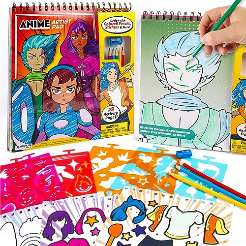 Made By Me Anime Artist Pad – 28-Page Manga Coloring Book with Colored Pencils, Stickers & Stencils