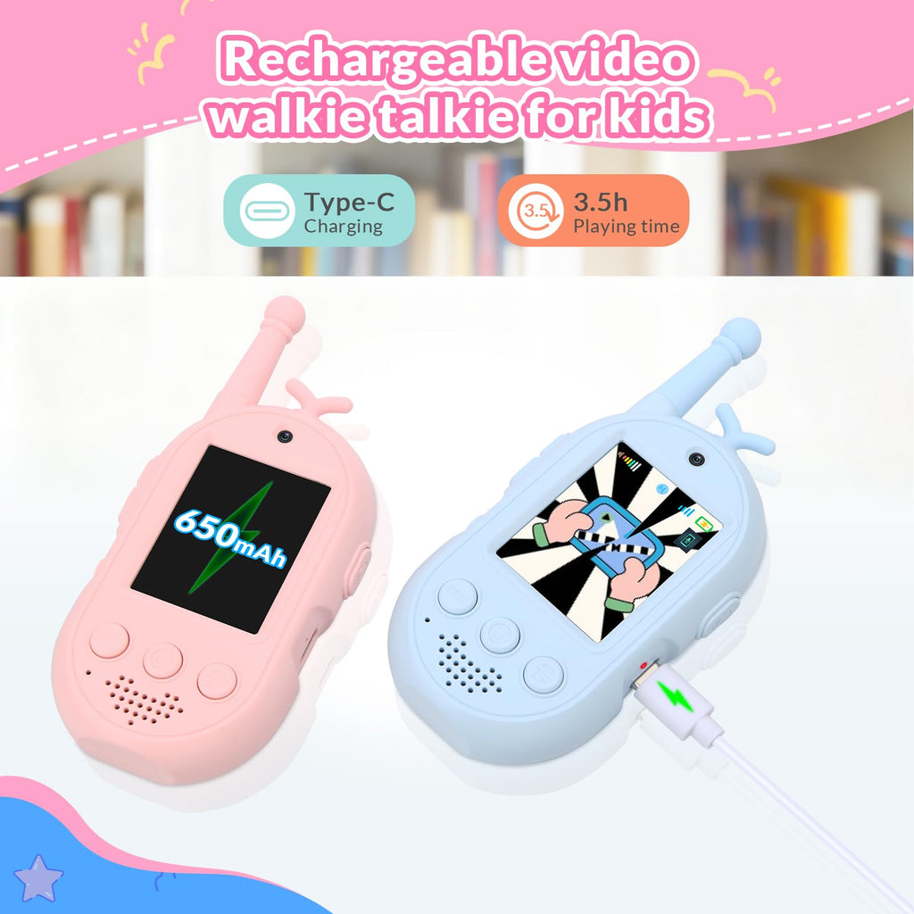 mafiti Kids Video Walkie Talkies 2 Pack - Rechargeable with Voice Changer & Sticker Effects, 1000ft Range, Blue+Pink, Gifts for Boys Girls Ages 3-12