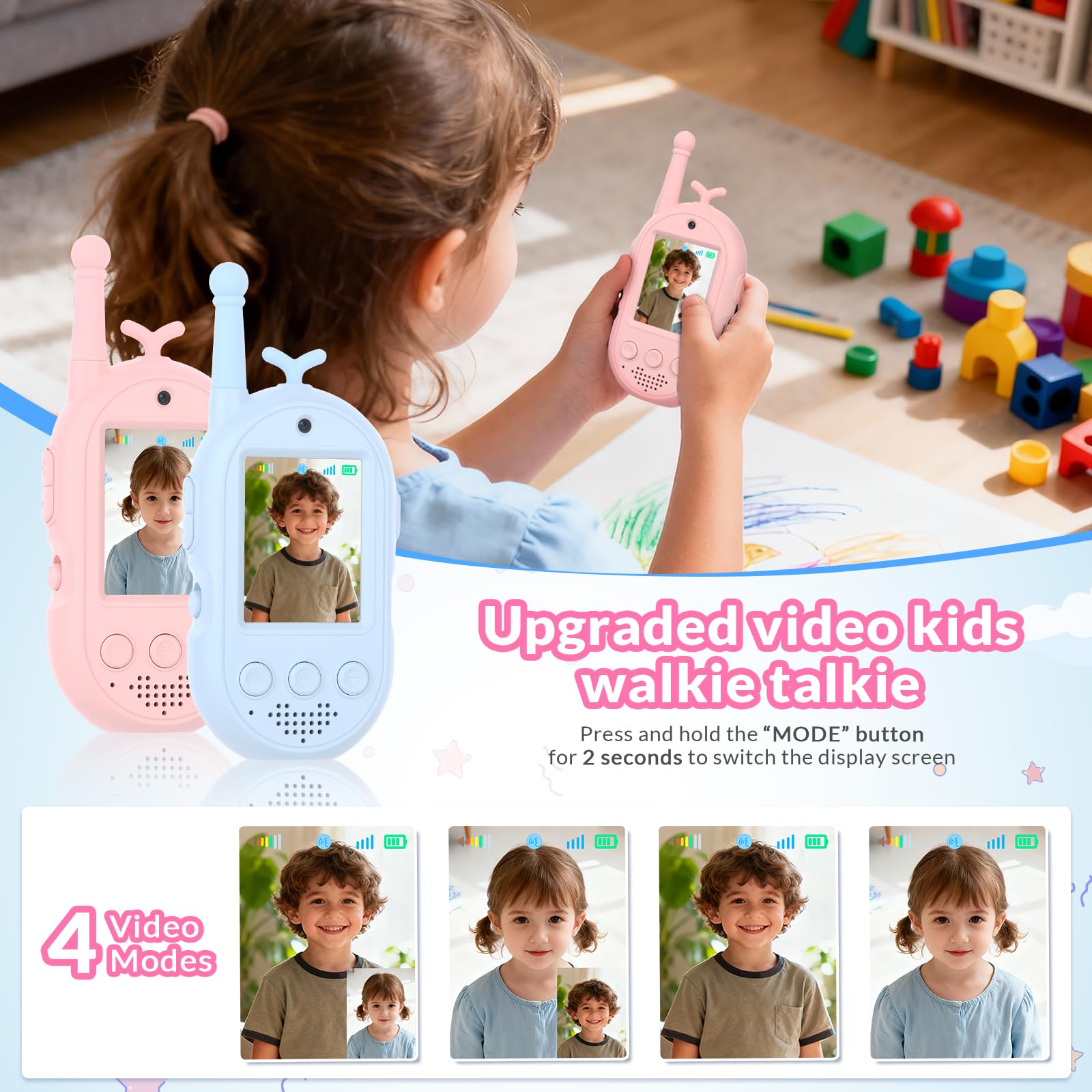 mafiti Kids Video Walkie Talkies 2 Pack - Rechargeable with Voice Changer & Sticker Effects, 1000ft Range, Blue+Pink, Gifts for Boys Girls Ages 3-12