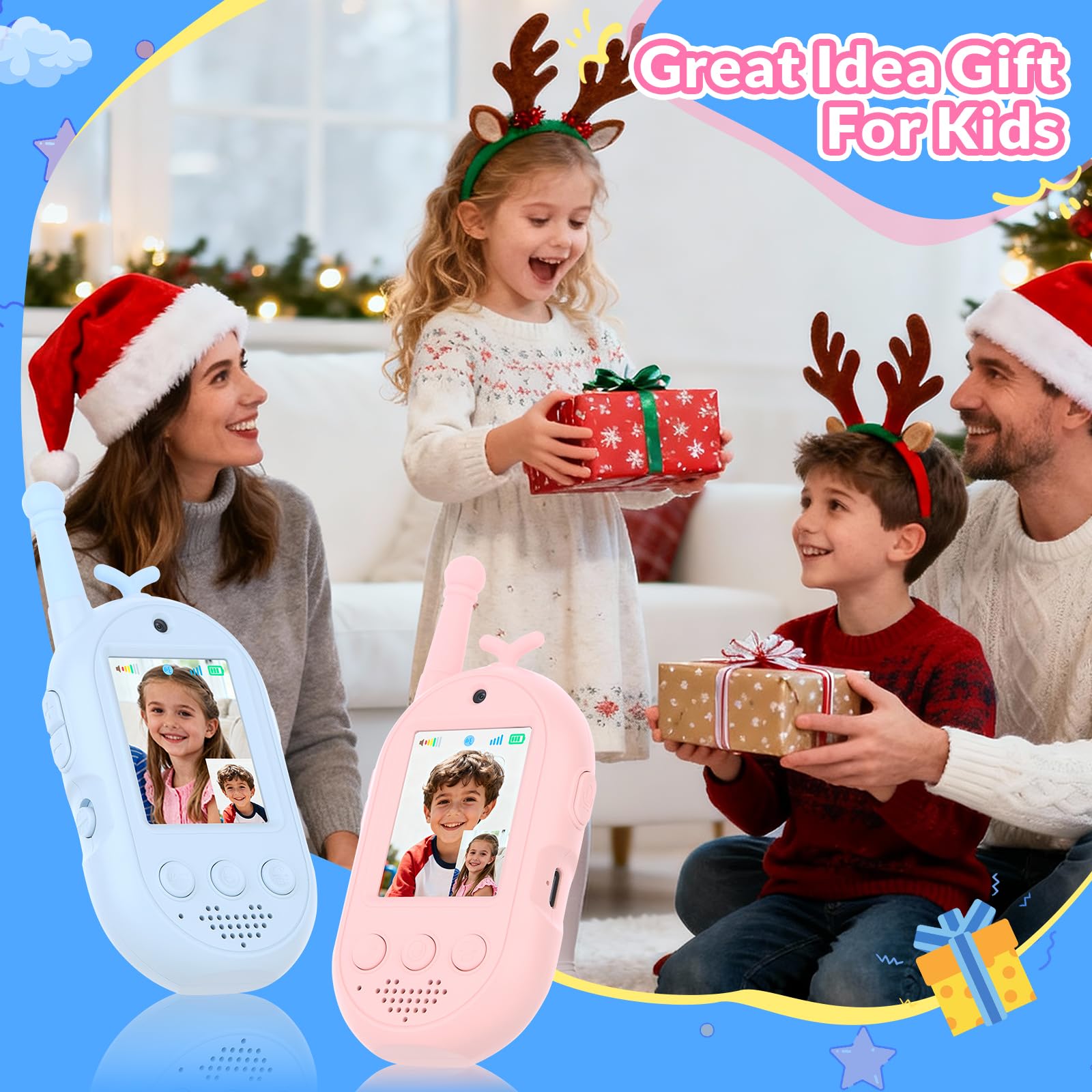 mafiti Kids Video Walkie Talkies 2 Pack - Rechargeable with Voice Changer & Sticker Effects, 1000ft Range, Blue+Pink, Gifts for Boys Girls Ages 3-12